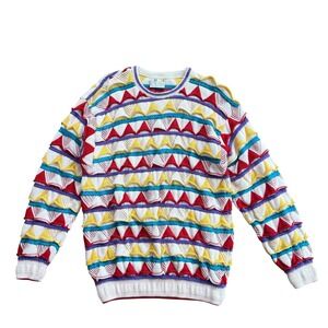 Coogi Australia‎ Vintage 3D Knit Sweater XL White Multi Color Geometric Cotton